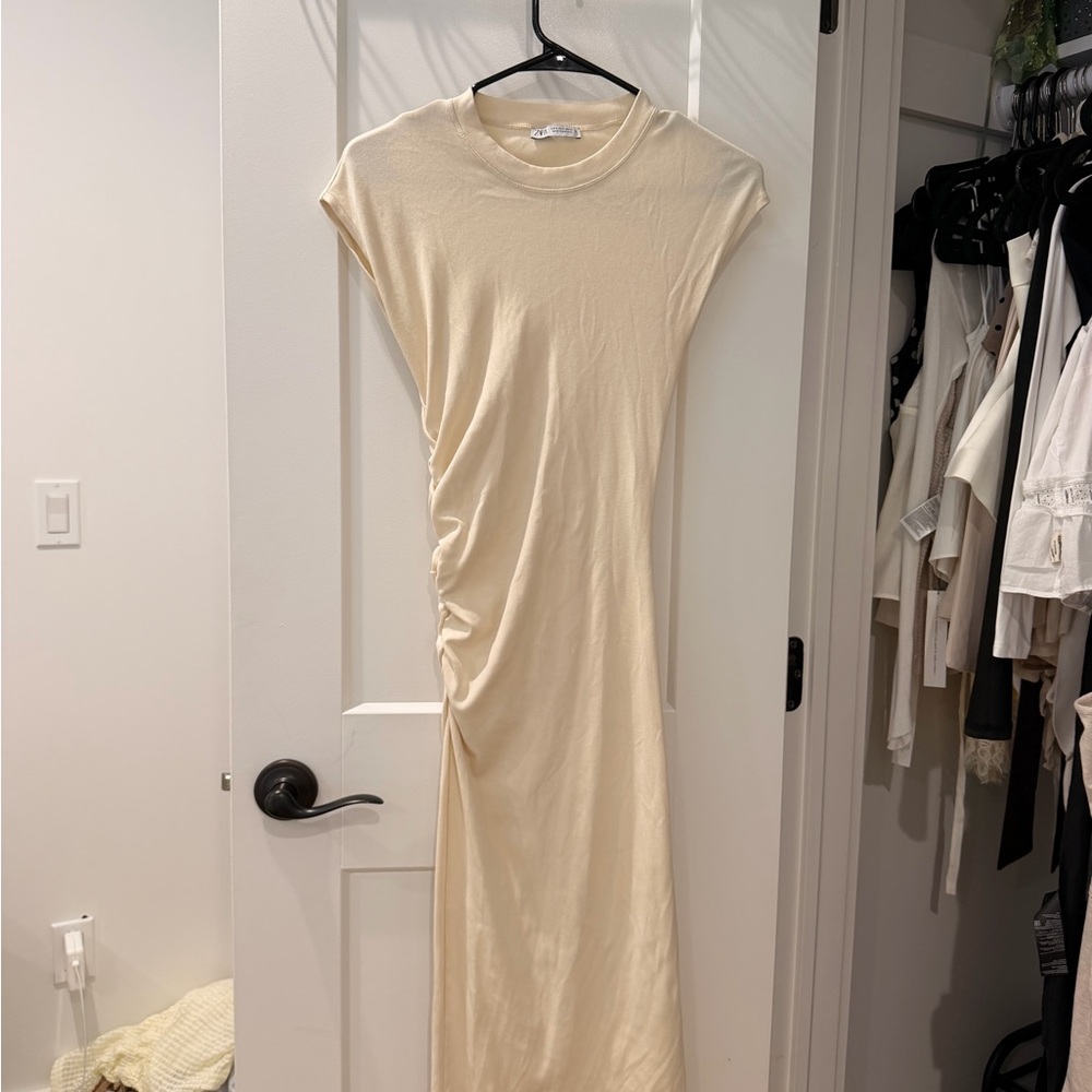 Zara Cream Cap-Sleeve Ruched Maxi Dress